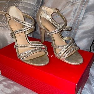 Strappy champagne rhinestone heels. Size 6 Used but good condition
